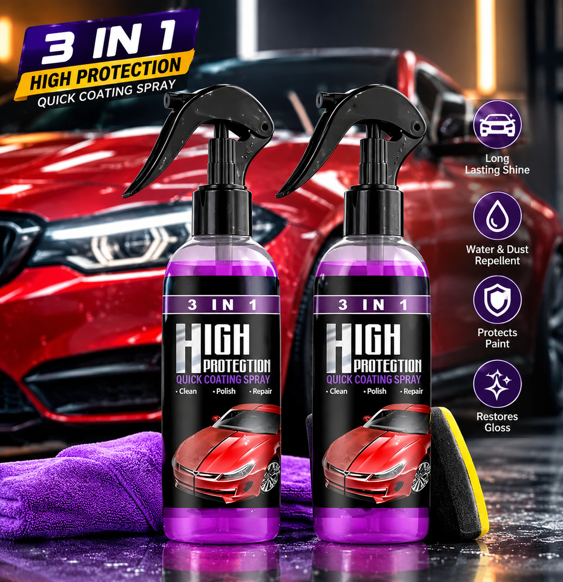 🚗✨3 in 1 High Protection Quick Car Ceramic Coating Spray ✨ Car Wax Polish Spray (Pack of 1)✨Limited Stock✨Order Now
